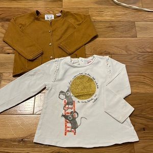 Set of 2, Zara baby mustard cardigan and LS graphic tee